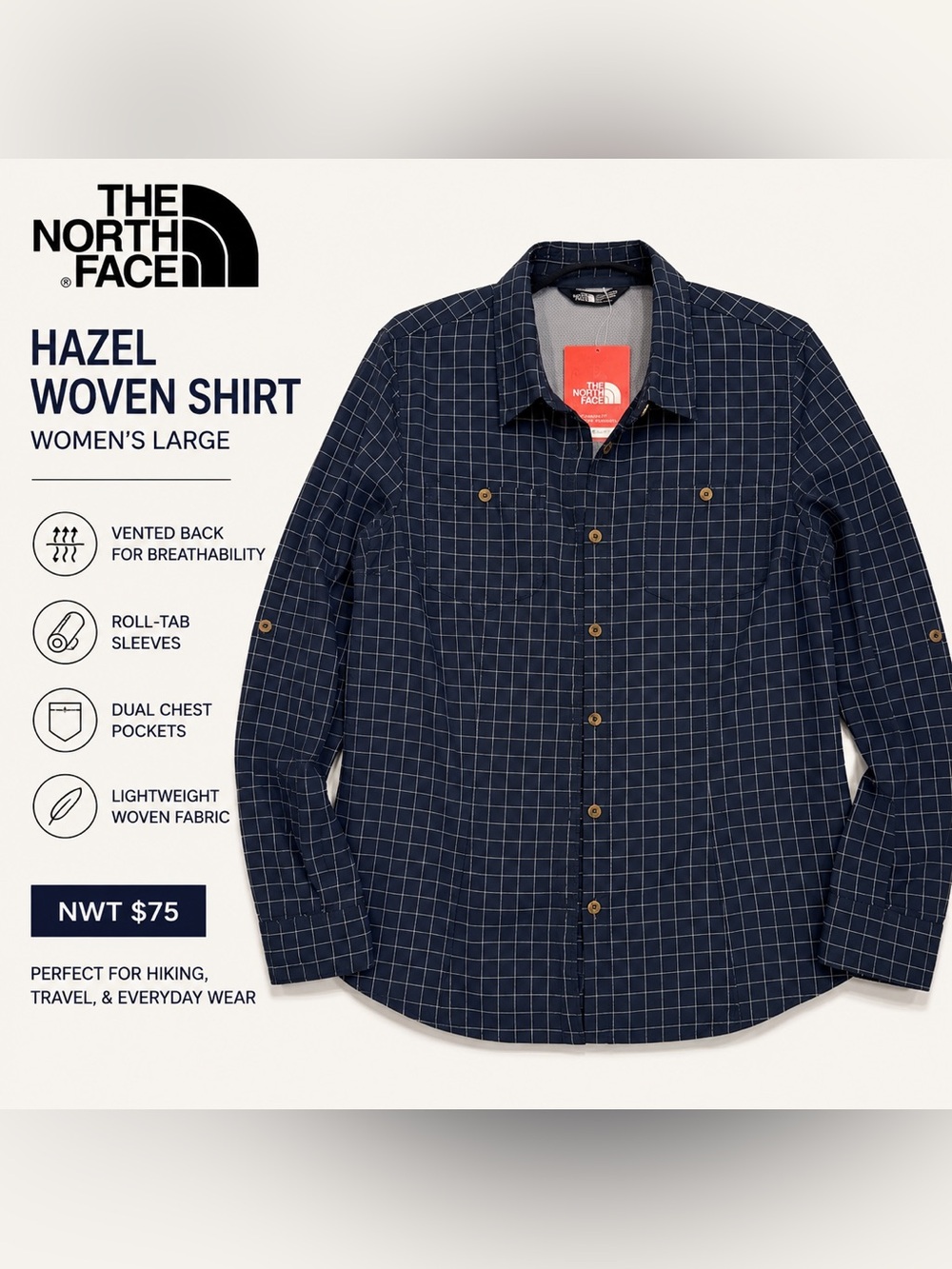 The North Face Hazel Woven Shirt Women’s L NWT Navy Plaid Roll Tab Hiking